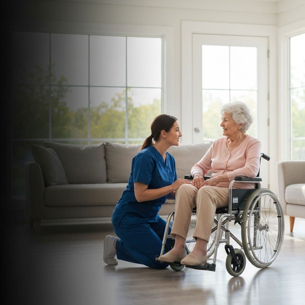 Professional caregiver assisting elderly person with mobility