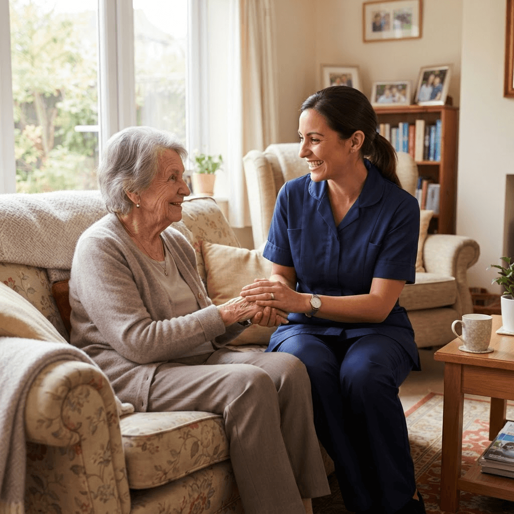 Care support worker providing companionship to elderly client at home