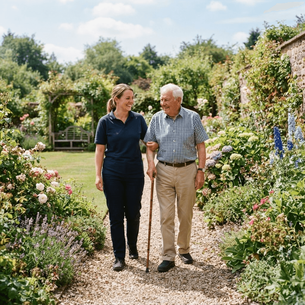 Support worker assisting elderly gentleman in his garden