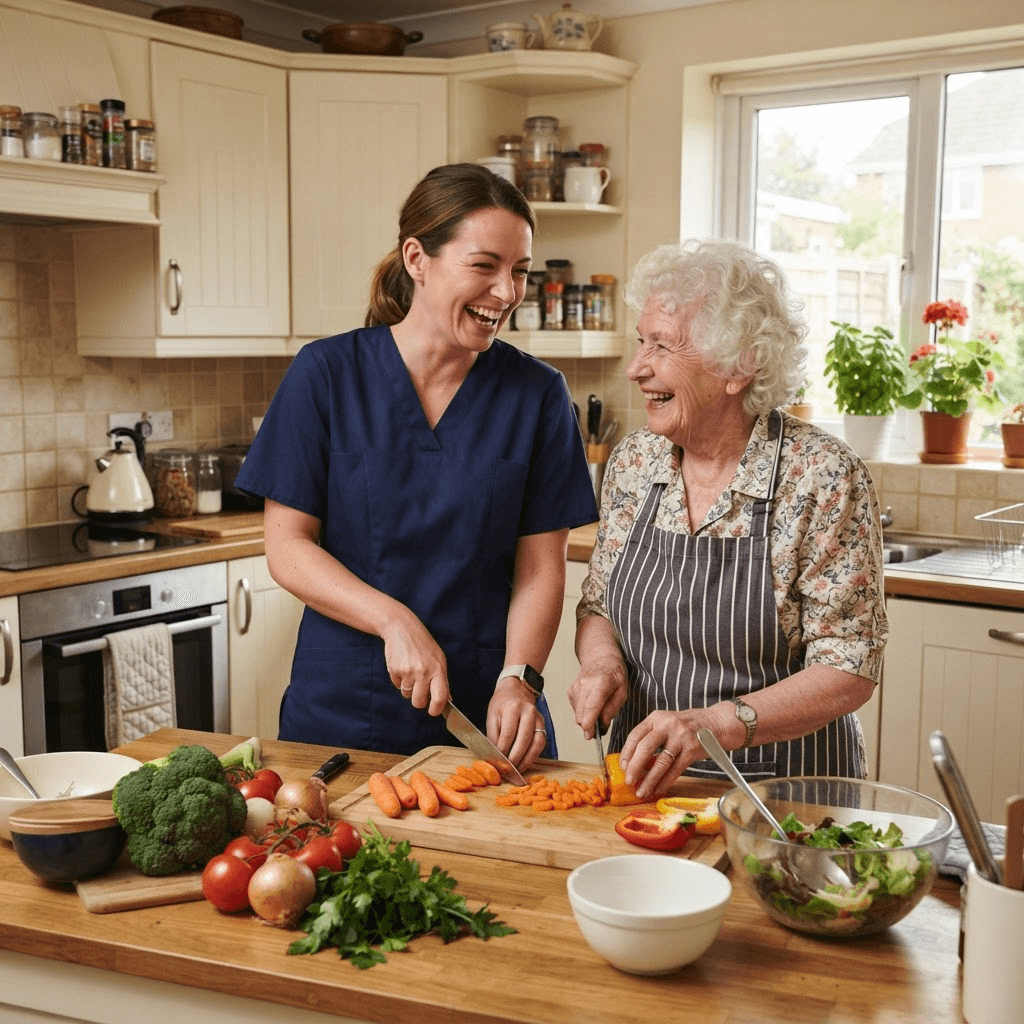 Care worker helping elderly client prepare a meal in their home kitchen